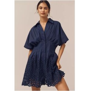 Exquise Tobie Button-Front Pleated Eyelet Mini Dress - Navy XS Petite